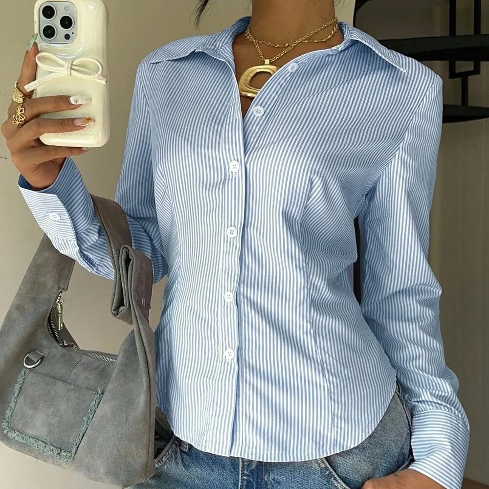 Blue Casual Women's Striped Tie-Waist Slim Fit Long Sleeve Shirt - Picture 3 of 6